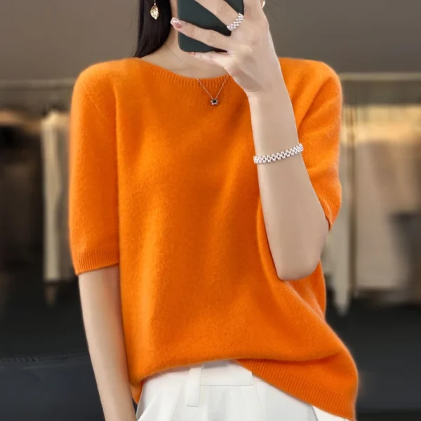 Fashion short half sleeve cashmere women's sweater 100% pure merino wool round neck pullover T-shirt - Image 2