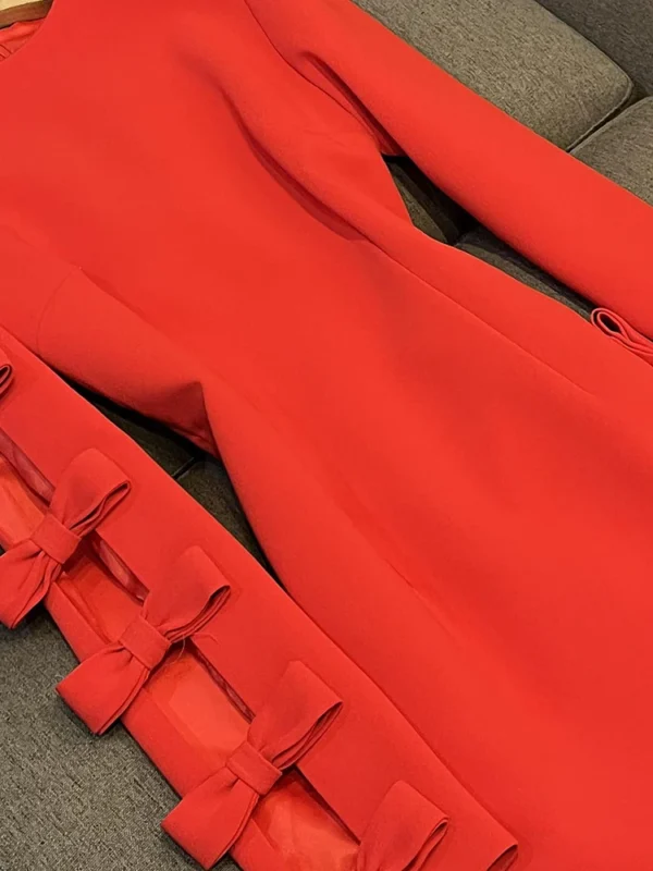 Fashion Hollow Out Designed Bowtie Lady Street Wear Long Sleeve O-neckline Slim Fitted Women Mini Formal Solid Dress - Image 5