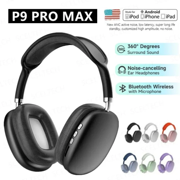 P9 Pro Max Air Wireless Bluetooth Headphones – Noise Cancelling, Mic, Over-Ear Design, Sports Gaming Headset for Apple