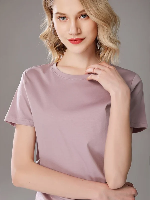 SuyaDream Women Solid T shirts, Silk Cotton Blend, O Neck, Short Sleeved Solid Tee,2024 Summer Candy Colors Basic Cozy Top Green - Image 2