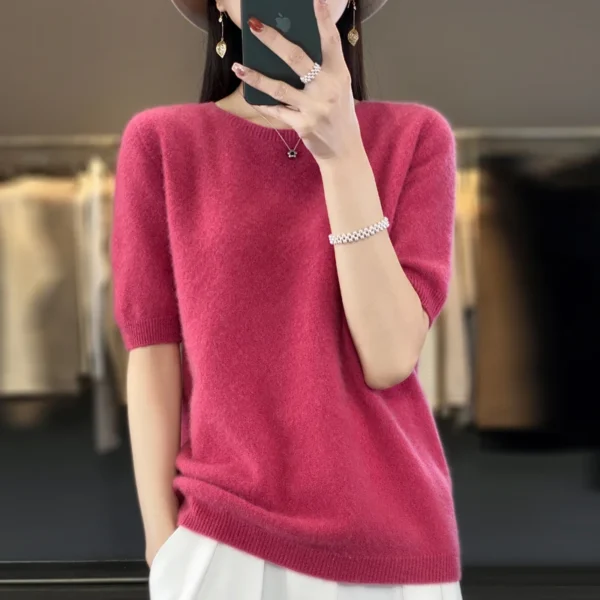 Fashion short half sleeve cashmere women's sweater 100% pure merino wool round neck pullover T-shirt - Image 4