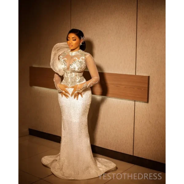 Plus Size Prom Dress for Black Women High Neck Long Sleeves Rhinestone Sequin Lace Prom Dress Birthday Gown Formal Evening Wear