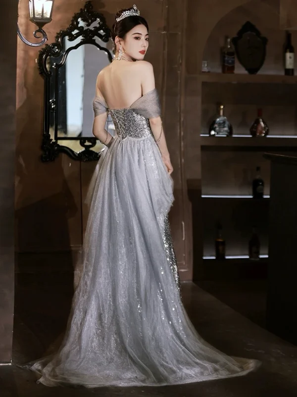 Gorgeous Silver Gray Cocktail Dress Boat Neck Off the Shoulder Lace-up Tassel Detachable Train Woman Celebrity Prom Gown - Image 4