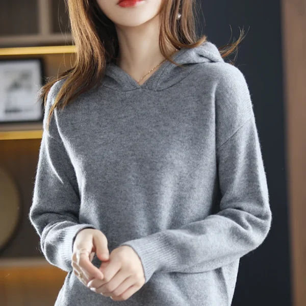 100% Cashmere Wool Set 22 New Women's Long Sleeve Hooded Sweater Casual Loose Knitted Long Wide Leg Pants Women's Pure Wool sui - Image 5