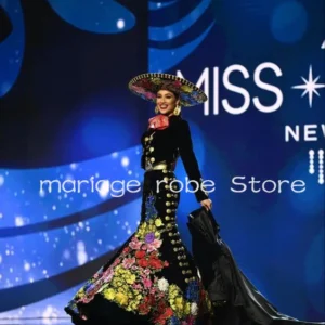 Black Miss Mexican Mermaid Prom Dress for Women Long Sleeve Jacket Floral Applique Embroidery Pageant Evening Gown tradition
