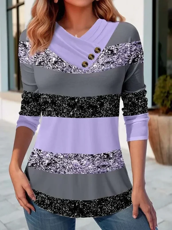 Autumn Striped Color Pullover Sweater Women Casual Fashion Slim Tees T-Shirt Long Sleeve v Neck Button Ladies Tops Blouse - Image 3