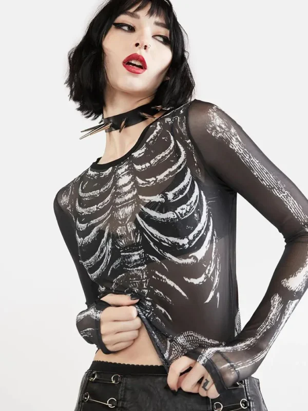 Gothic Punk Shirt 2000s Women Skeleton Pattern Round Neck Long Sleeve Crop Top Black Dark Academia Clothes y2k Tees Streetwear - Image 3
