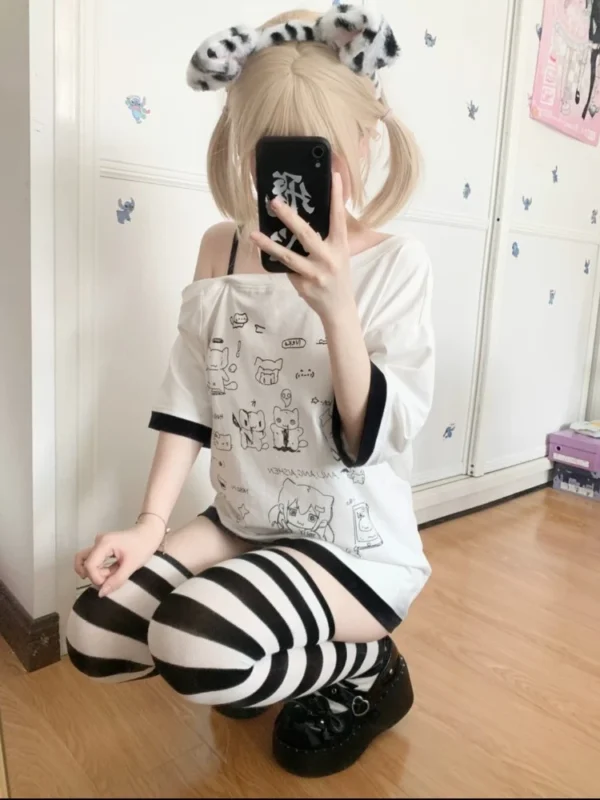 HOUZHOU Y2k Harajuku PatchworkT Shirts Women Japanese Style Kawaii Sweet Gothic Cartoon Print Loose Tees Tops Soft Gril 2024 - Image 2