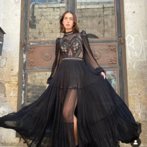 Fashionvane Customized 2024 Lace High Collar Long Sleeves Robe Des Marrige Side Slit Sexy Wedding Party Bride Wear Gowns