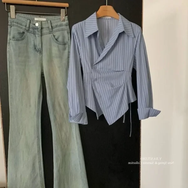 Plus Size Design Sensibility Irregular Waist-Fitted Slimming Striped Shirt Women's Elegant Lapel Long Sleeve Shirt 2024 New Mode - Image 3