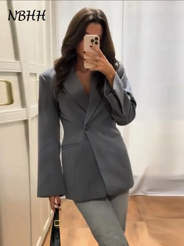 Elegant Slim Solid Women's Blazers Lapel One Button Shoulder Pads Long Sleeve Jacket 2025 Spring Office Lady Commute Outwear