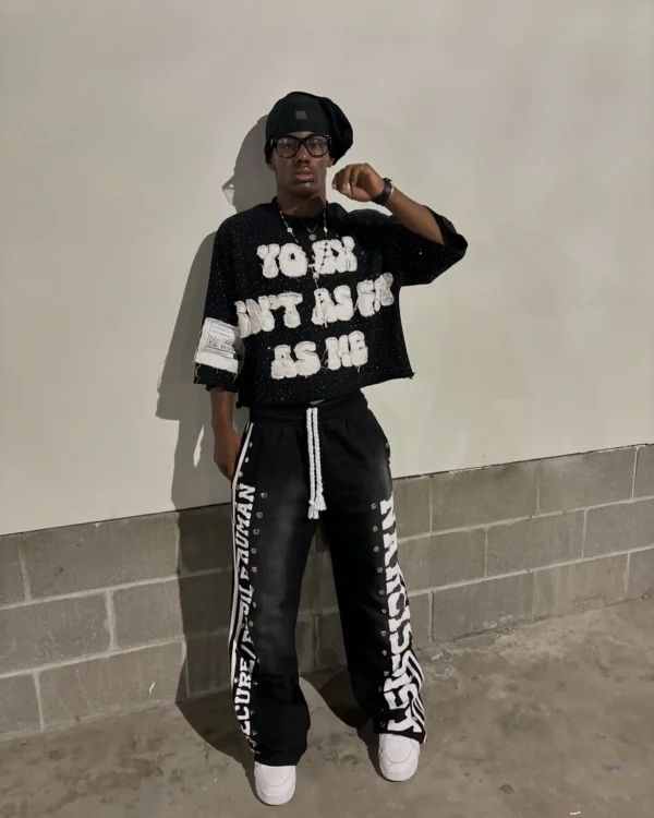 Gothic Letter Patchwork Y2K Casual Tracksuit for Men, Hip Hop Retro Sequin Striped Sweatpants and T-Shirt Two-Piece Set