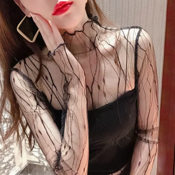 Elegant Lace T-shirt For Women Mesh Long Sleeve Tops Hot Sexy Transparent High Neck Black Lace Bottoming Shirts Punk Tee Tops - Image 3