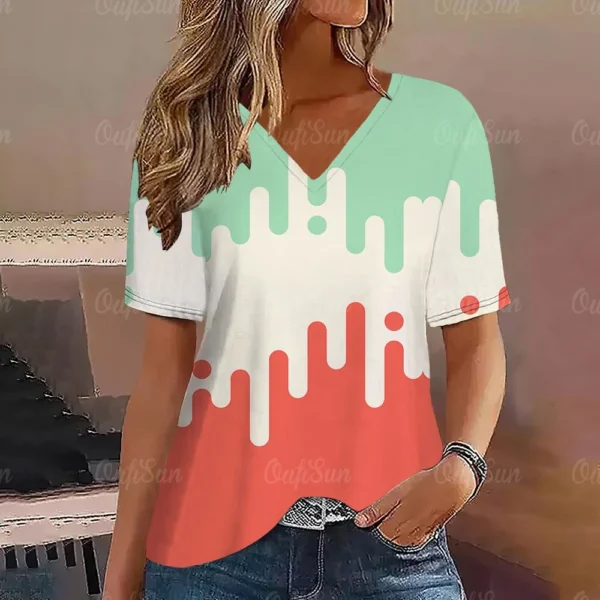 Gradient V Neck Short Sleeve T-Shirt Fashion Women T Shirt Print Basic Tops Streetwear Summer Oversized Clothing Female T-Shirts - Image 6