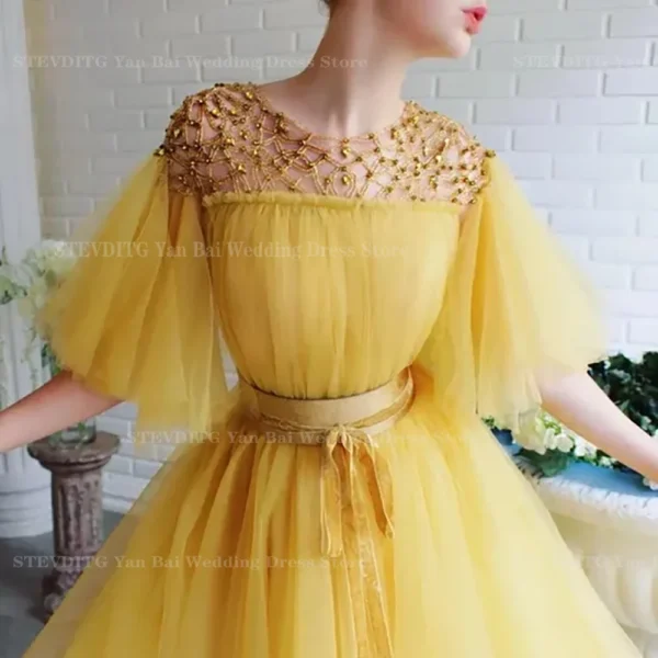 Fashion Sweet Yellow Tulle Prom Dresses For Women Chic O-Neck Beaded Floor Length Ball Gown Formal Evening Party Red Carpet Wear - Image 3
