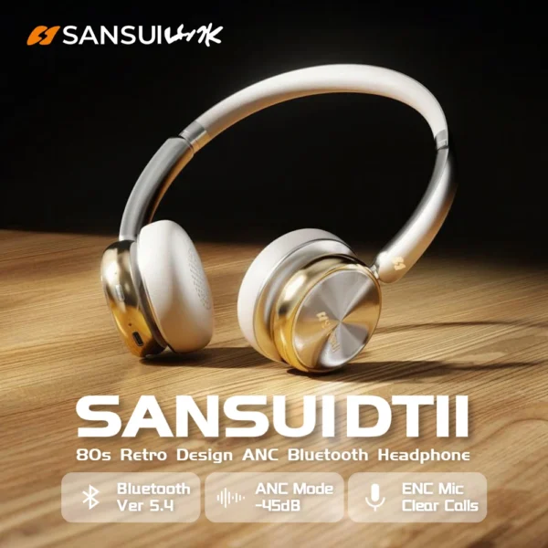 Sansui DT11 ANC Wireless Bluetooth 5.4 Headphones – 45dB Active Noise Cancellation, 50H Playtime, Over-Ear Retro Earphones