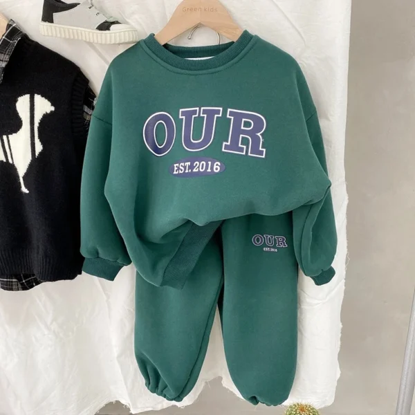 Spring Autumn Warm Boys Clothing Set Letter OUR Lined With Velvet Shirt+Pants 2Pcs Suit For Kids Children Outdoor Sports Suit - Image 2