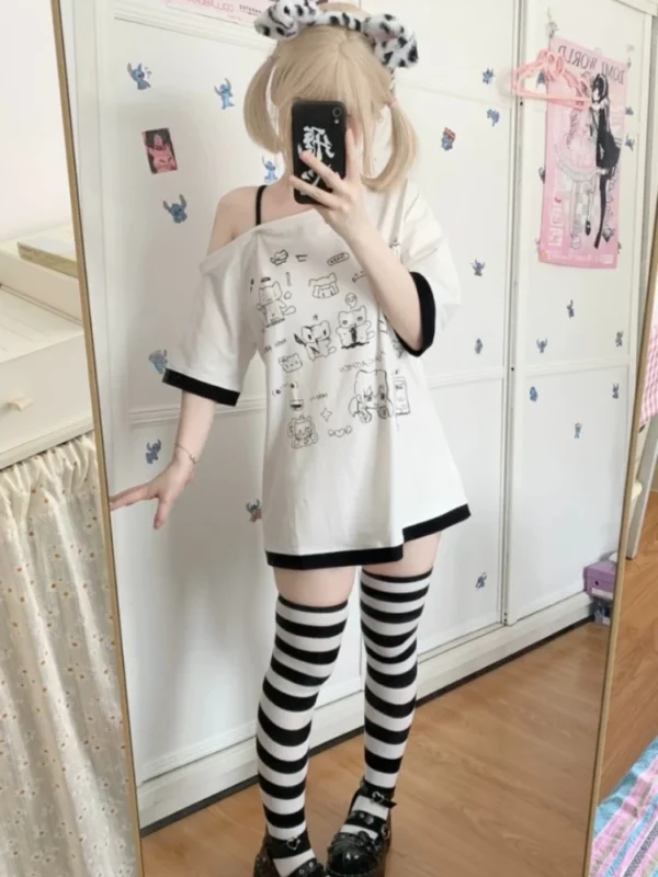 HOUZHOU Y2k Harajuku PatchworkT Shirts Women Japanese Style Kawaii Sweet Gothic Cartoon Print Loose Tees Tops Soft Gril 2024 - Image 4