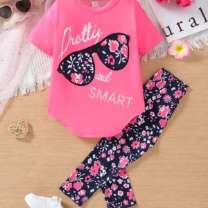 4-7 Years Girls Clothing Set Summer Cotton Short Sleeve Tops Pants 2Pcs Suit For Kids Birthday Present Toddler Children Clothes