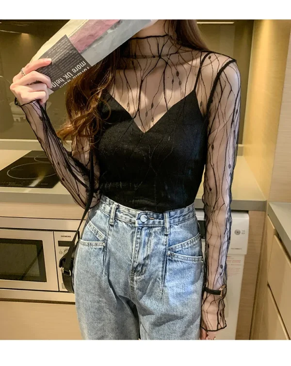 Elegant Lace T-shirt For Women Mesh Long Sleeve Tops Hot Sexy Transparent High Neck Black Lace Bottoming Shirts Punk Tee Tops - Image 4
