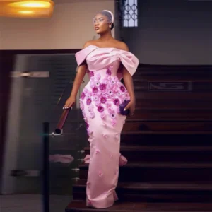Pink Off The Shoulder Prom Dresses With 3d Flowers Sexy Backless With Big Bow Aso Ebi Mermaid Evening Gowns Women Formal Wear