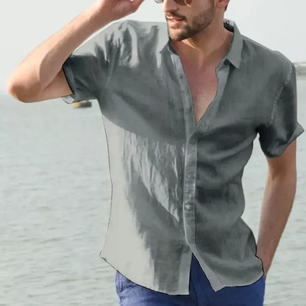 Classic Summer Cotton Linen Shirt for Men, a lightweight, short-sleeved button-up with a turn-down collar, perfect for casual or beachwear. - Image 3