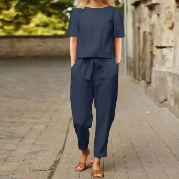 Women's Cotton Linen Suit Summer Matching Suit Half-sleeved Round Neck Tie Elastic Waist Trousers Wide-leg Pants Retro Suit 2024 - Image 2