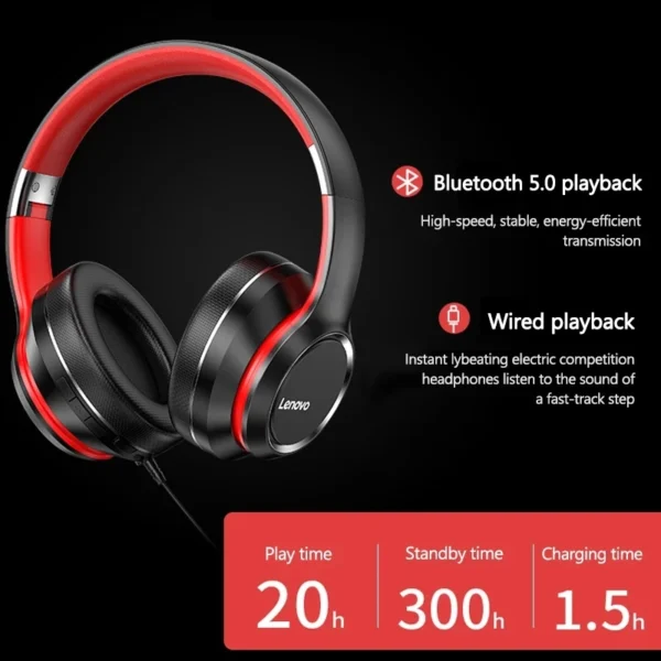 Lenovo HD200 Bluetooth Earphones – Over-Ear, Foldable, Wireless, Noise Cancellation, HIFI Stereo Gaming Headset - Image 2