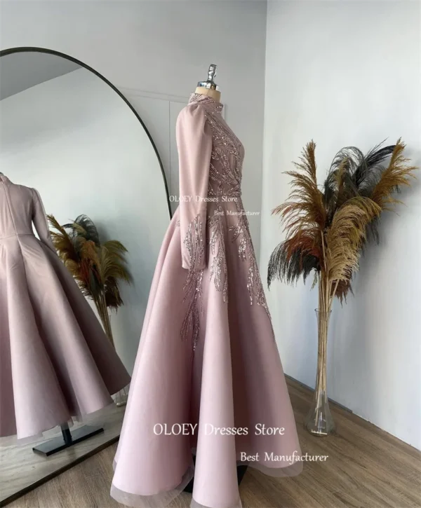 OLOEY Modest Muslim Dubai Arabic Women Dresses Dusty Pink High Neck Long Sleeves Sequin Lace Customised Formal Prom Gowns - Image 2