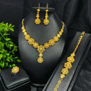 Women's Fashionable and lux 9999 24K Real Gold Flower Necklace Earrings Bracelet Ring Jewelry Set Dubai Bridal Pendants