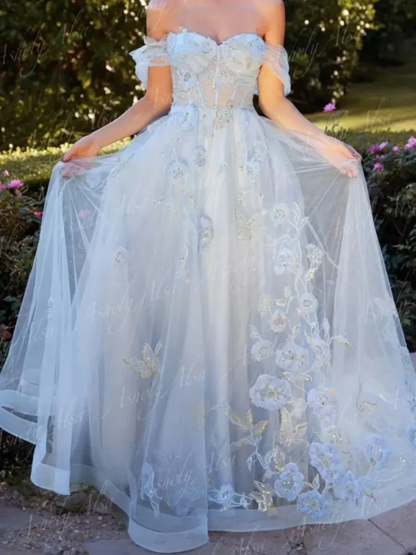 NB51 Cutomized Prom Dresses Lady Long Off Shoulder Flower Applique Illusion Bodice Women Formal Evening Dress Wedding Party Wear