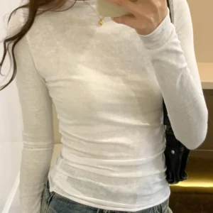 2024 Spring Autumn T-Shirt Women Tops Solid Slim Fit Long Sleeve O Neck Tshirts Female Casual Streetwear High Quality Base Tees