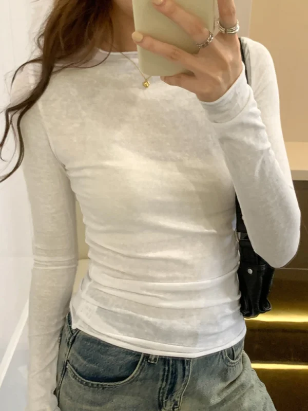 2024 Spring Autumn T-Shirt Women Tops Solid Slim Fit Long Sleeve O Neck Tshirts Female Casual Streetwear High Quality Base Tees