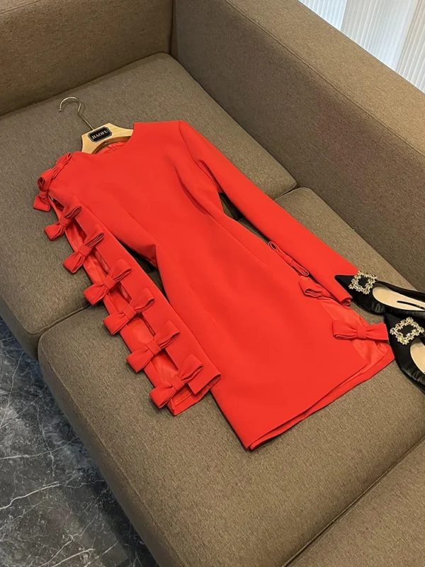 Fashion Hollow Out Designed Bowtie Lady Street Wear Long Sleeve O-neckline Slim Fitted Women Mini Formal Solid Dress - Image 2