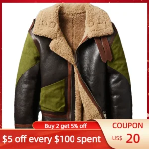 Dark Brown Genuine Shearling Coat for Men, Military Style, Plus Size, Winter Sheepskin Leather Jacket