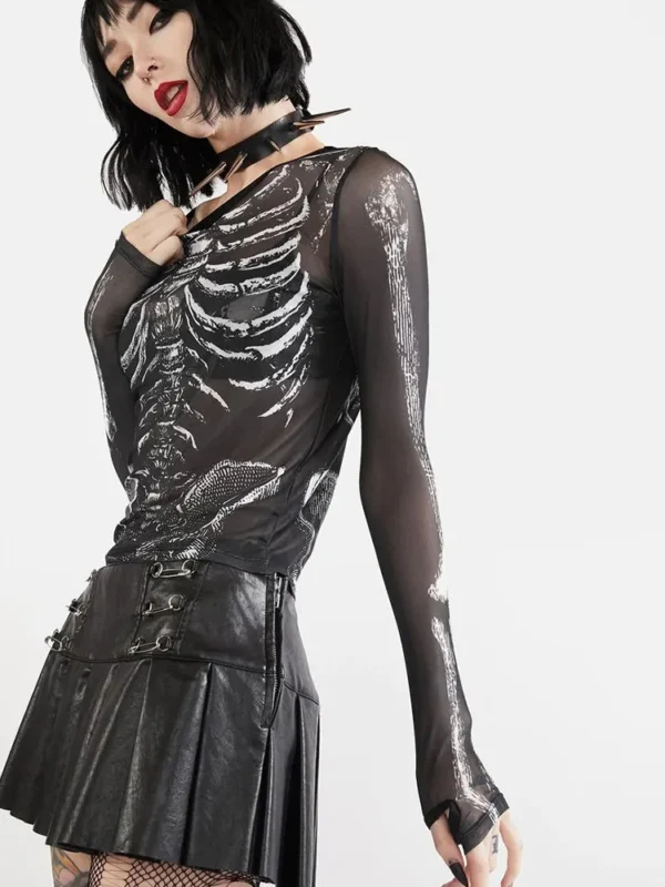 Gothic Punk Shirt 2000s Women Skeleton Pattern Round Neck Long Sleeve Crop Top Black Dark Academia Clothes y2k Tees Streetwear - Image 2