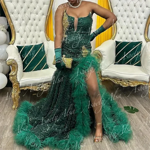 Customized Elegant Emerald Green Mermaid Evening Dress Women Sequin Feather Sexy Slit Party Occasion Dress Prom Formal Wear - Image 3