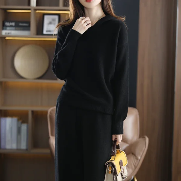 100% Cashmere Wool Set 22 New Women's Long Sleeve Hooded Sweater Casual Loose Knitted Long Wide Leg Pants Women's Pure Wool sui - Image 3