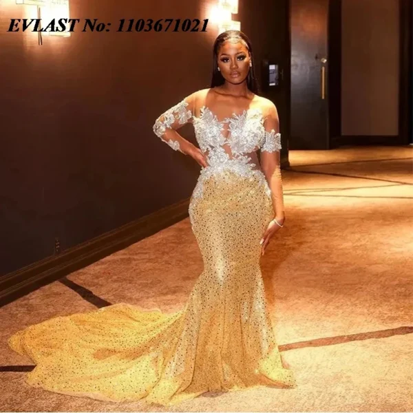 EVLAST Customized African Gold Mermaid Prom Dress Lace Beaded Aso Ebi Formal Party Gowns Wedding Reception Birthday Dress P162