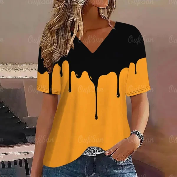 Gradient V Neck Short Sleeve T-Shirt Fashion Women T Shirt Print Basic Tops Streetwear Summer Oversized Clothing Female T-Shirts - Image 2