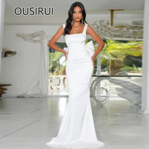 Square Collar Satin Spaghetti Straps Formal Bridesmaid Gown Sheath Backless with Bigh Bow Long Prom Dress Trian vestidos de novi