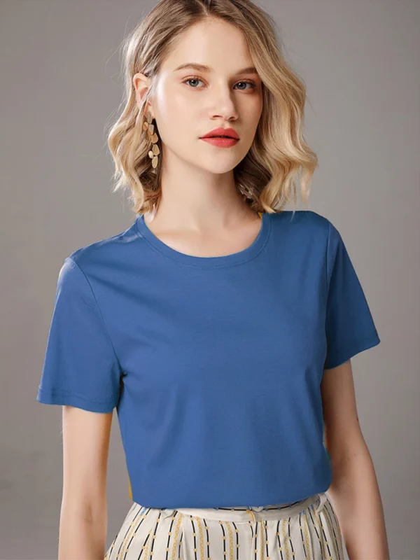 SuyaDream Women Solid T shirts, Silk Cotton Blend, O Neck, Short Sleeved Solid Tee,2024 Summer Candy Colors Basic Cozy Top Green - Image 3