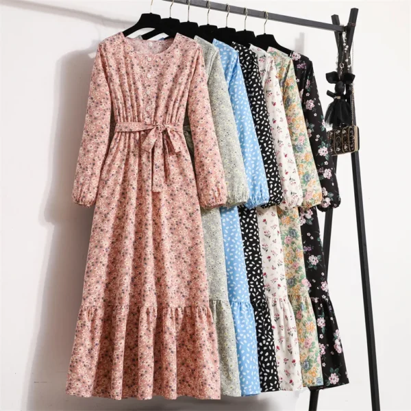 Vintage Floral Long Sleeve Dress For Women Spring Autumn New Waist-fitted Slimming Elegant Chiffon Dresses