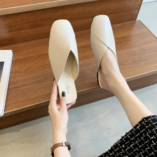 Women Mules 2023 Summer Elegant Square Closed Toe Flat Slippers Female Shoes Casual Leather Black White Slides Plus Size 35-43 - Image 2