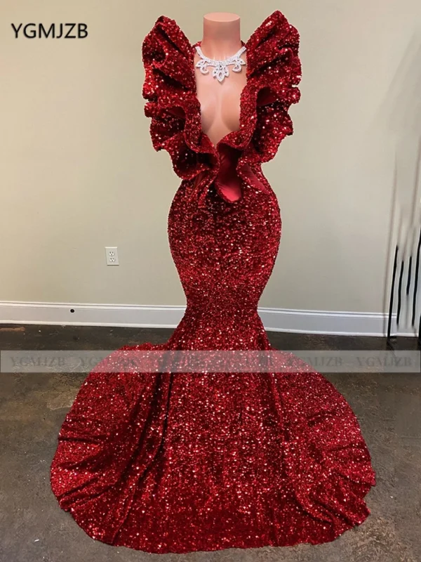 Sparkly Sequin Long Prom Dresses 2025 for Black Girl Mermaid V-Neck Ruffles Sleeveless Burgundy Formal Gala Party Evening Gown - Image 3