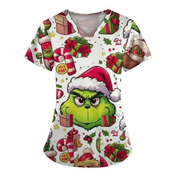 Women's Work Uniforms Christmas Anime Print Cartoon V-neck Tops Nurse Work Clothes Medical Uniforms - Image 3