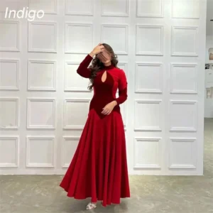 Indigo Prom Dress A-Line Long Sleeve HIgh Collar Pleat Ankle-Length Zipper Back Elegant Evening Gown Women فساتين الس Customized