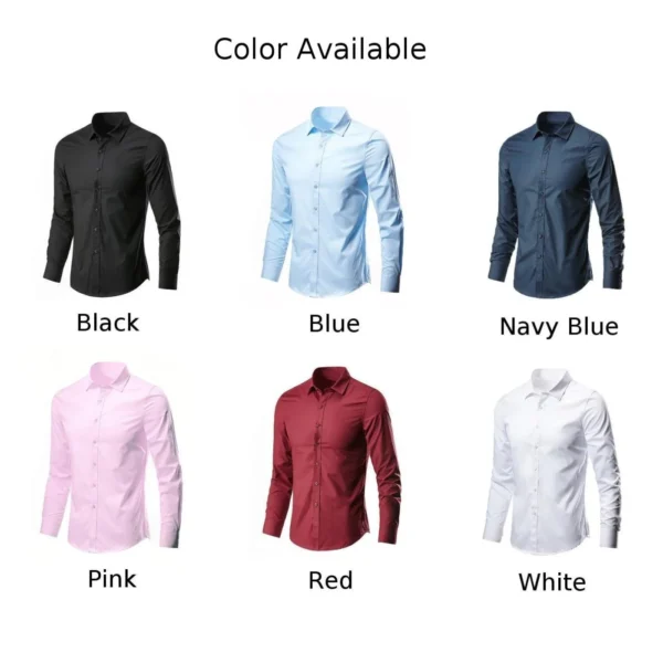 Men Business Formal Long Sleeved Lapel Classic Fit Long Sleeve Wrinkle Resistant Button Down Premium Dress Solid Men's Shirt - Image 3