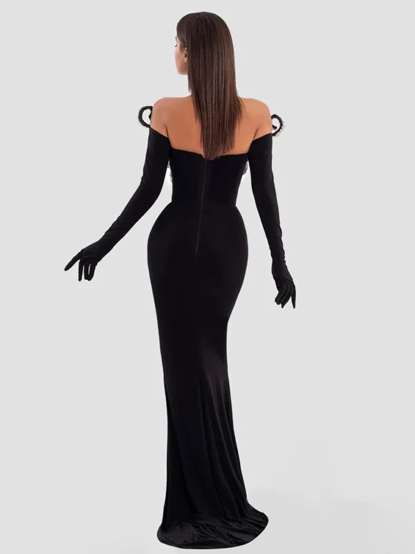 VC Women'S Elegant Party Dresses V Neck Crystal Design Black Velvet Maxi Long Luxury Gowns With Gloves Female Clothing - Image 2