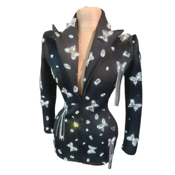 Luxury Rhinestones Suit Women Jazz Dancer Performance Costume Black Fashion Nightclub Party Stage Dress Mini Cocktail Dress - Image 5